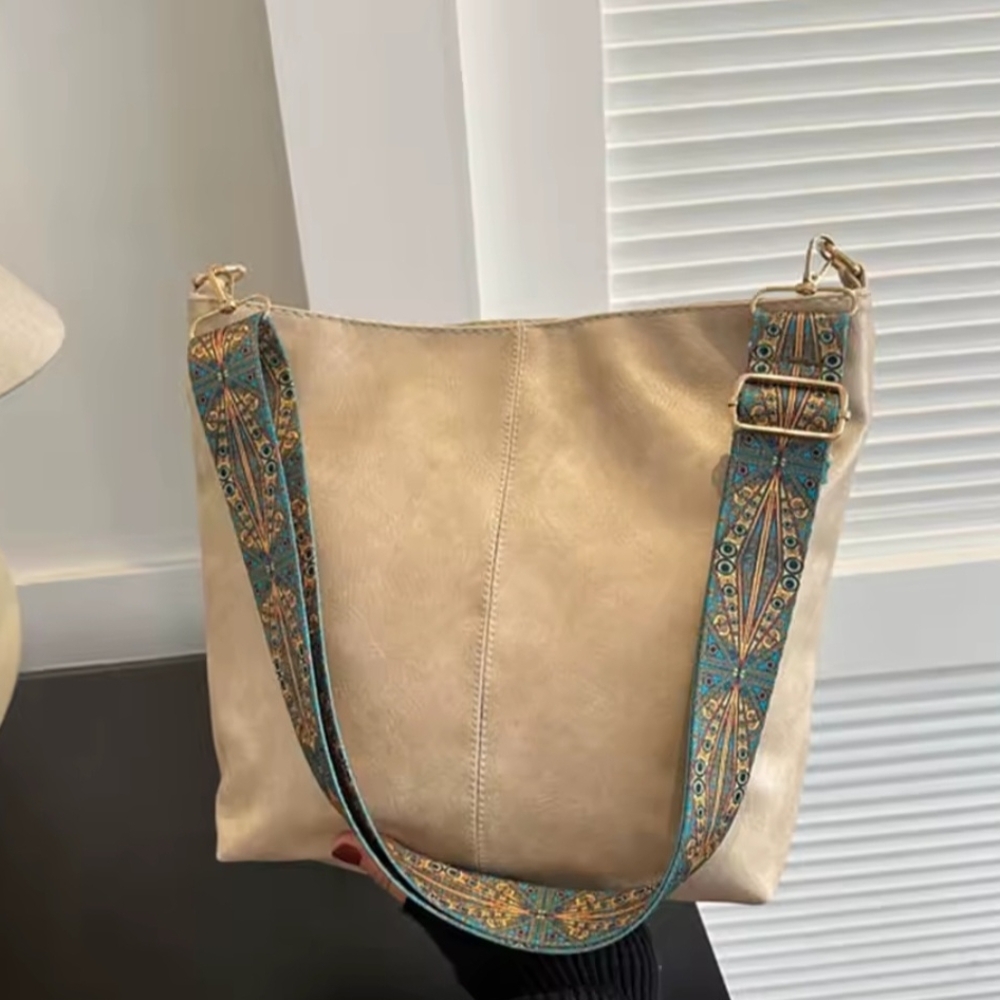 Elegant Beige Shoulder Bag with Patterned Strap